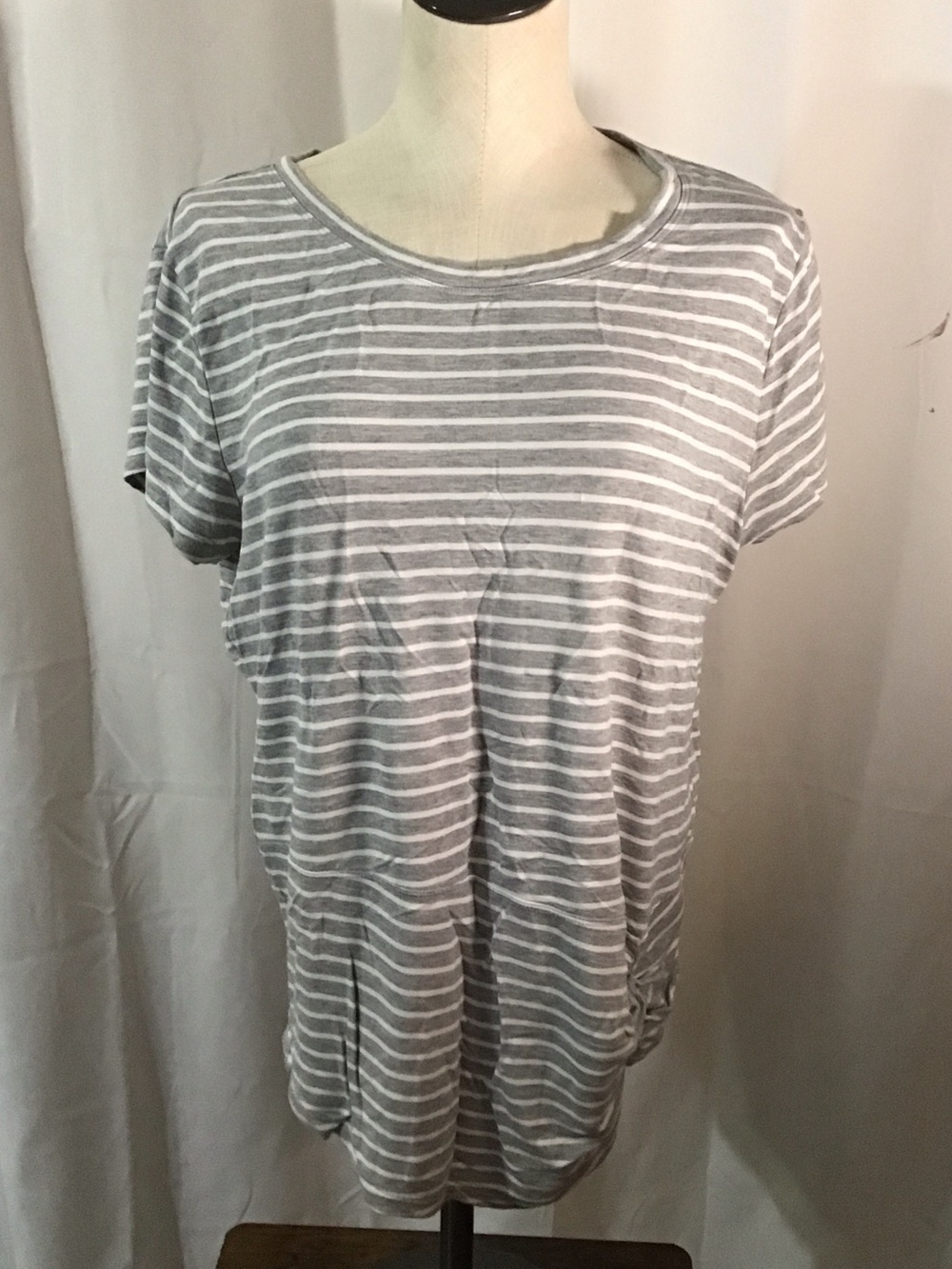 CAbi Gray and White Striped Short Sleeve Tee